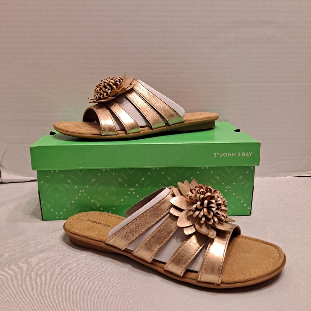 St John's Bay Women's Uriel Sandals Size 8.5 M Faux Leather Gold Flower Accent